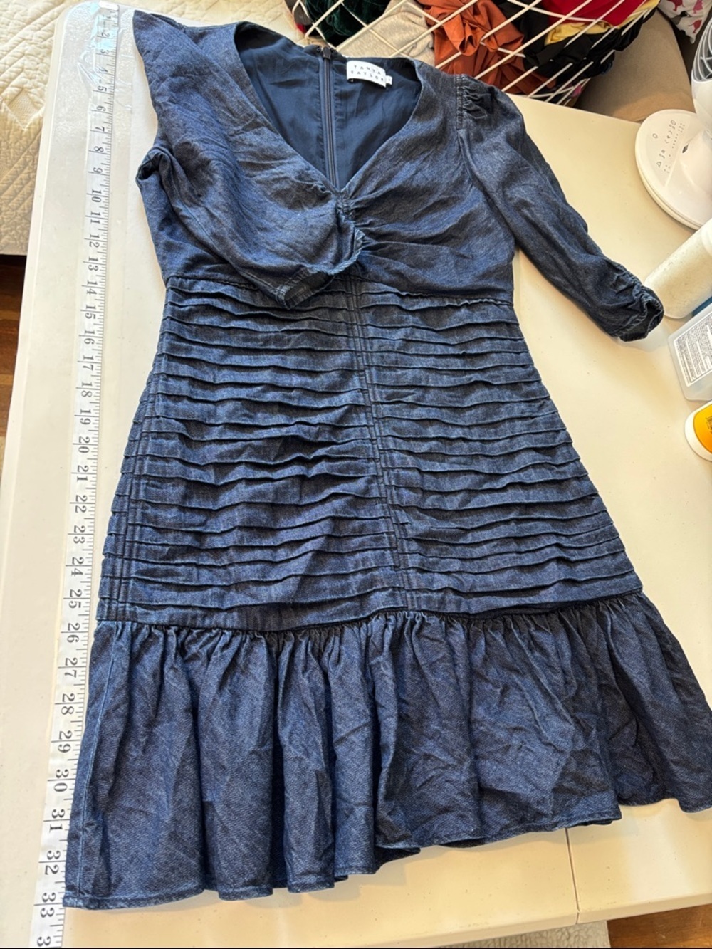 Tanya Taylor Pansy Mini Dress Size 2 Ruched Denim Americana Ruffle Tier Flounce - Picture 12 of 15